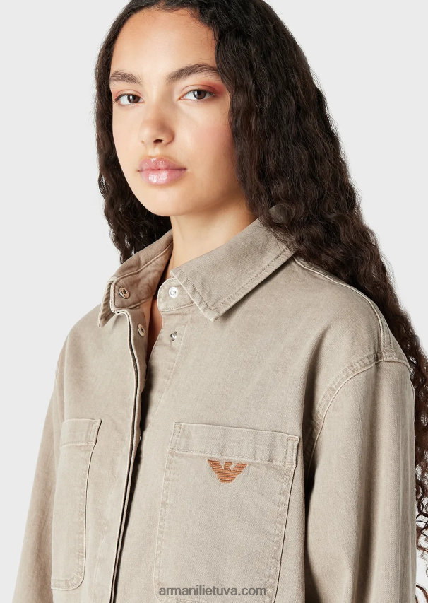 moterys smėlio spalvos Armani natūralių dažų ekologiško džinsinio audinio marškinėliai su užklijuotomis kišenėmis 02482X393