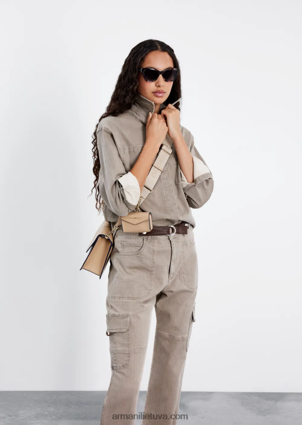 moterys smėlio spalvos Armani natūralių dažų ekologiško džinsinio audinio marškinėliai su užklijuotomis kišenėmis 02482X393