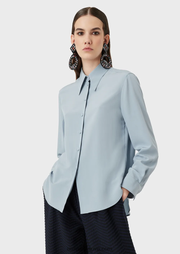 moterys žydros spalvos Armani gryno šilko krepinio dešinio marškiniai 02482X374