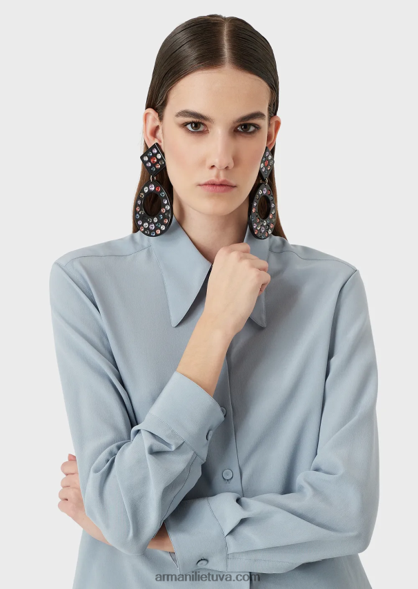 moterys žydros spalvos Armani gryno šilko krepinio dešinio marškiniai 02482X374