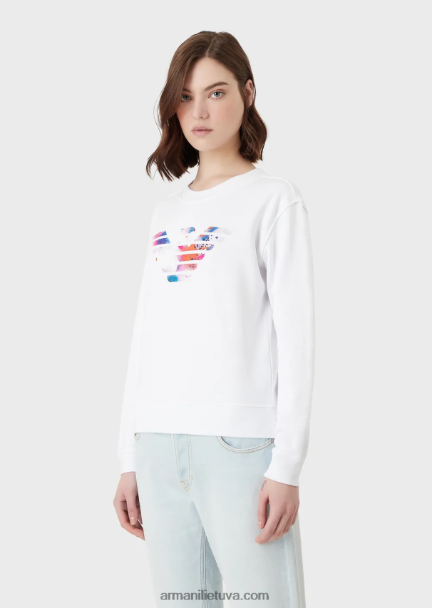 moterys baltas Armani Ekologiški prancūziško kilpinio audinio megztiniai su didžiuliu erelio raštu 02482X418