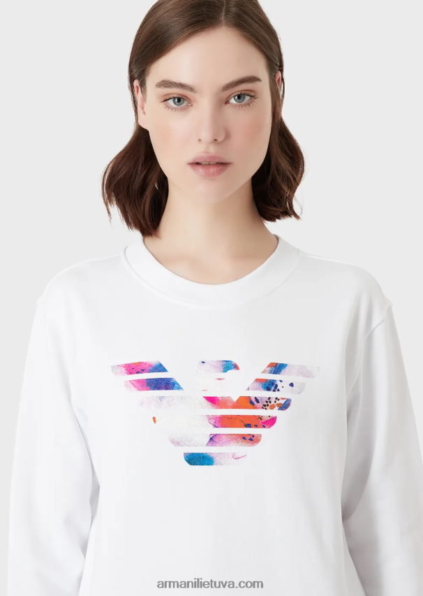 moterys baltas Armani Ekologiški prancūziško kilpinio audinio megztiniai su didžiuliu erelio raštu 02482X418