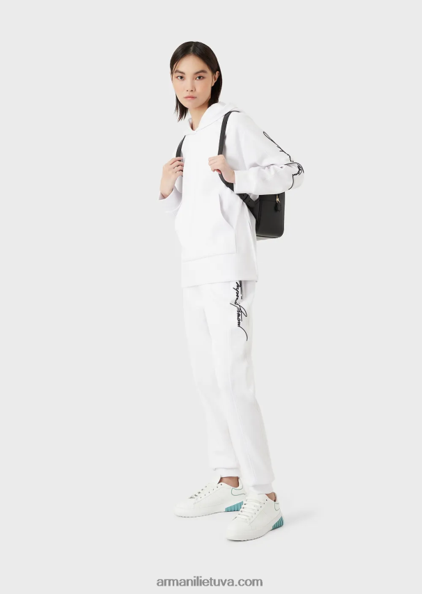 moterys baltas Armani megztinis su gobtuvu su įspaustu parašu išsiuvinėtu logotipu 02482X406