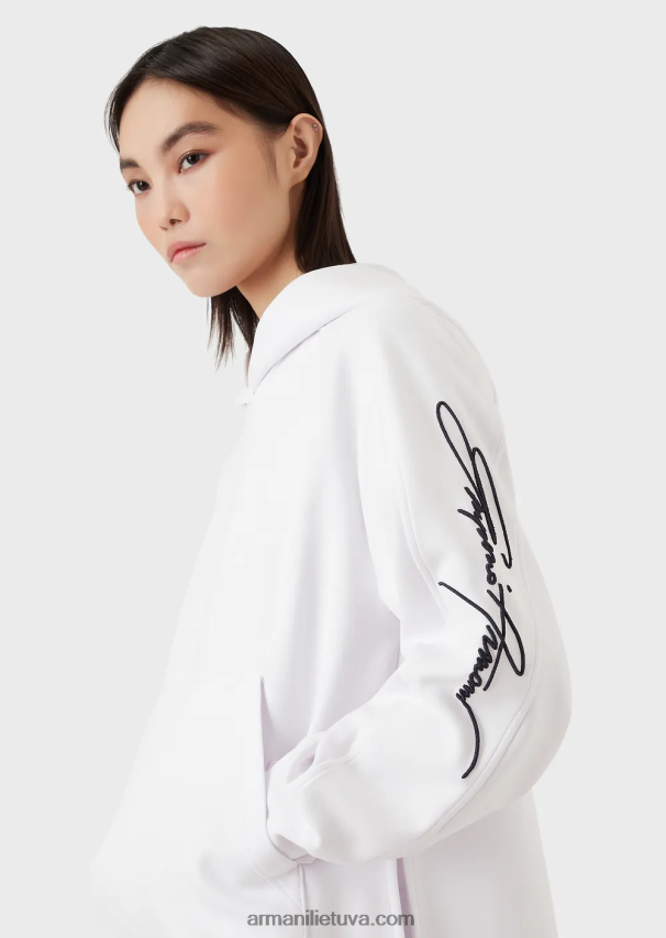 moterys baltas Armani megztinis su gobtuvu su įspaustu parašu išsiuvinėtu logotipu 02482X406