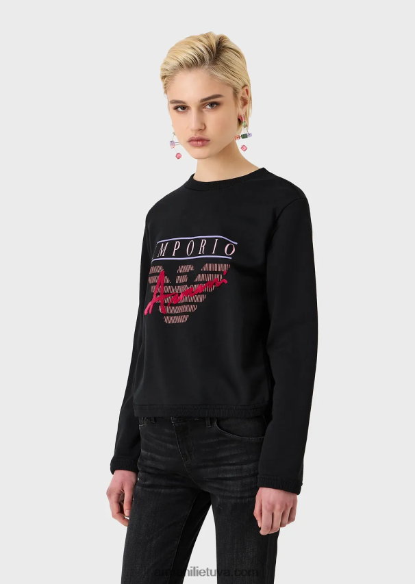 moterys juodas Armani Ekologiški prancūziški kilpiniai megztiniai su reljefinėmis raidėmis ir logotipo atspaudu 02482X420