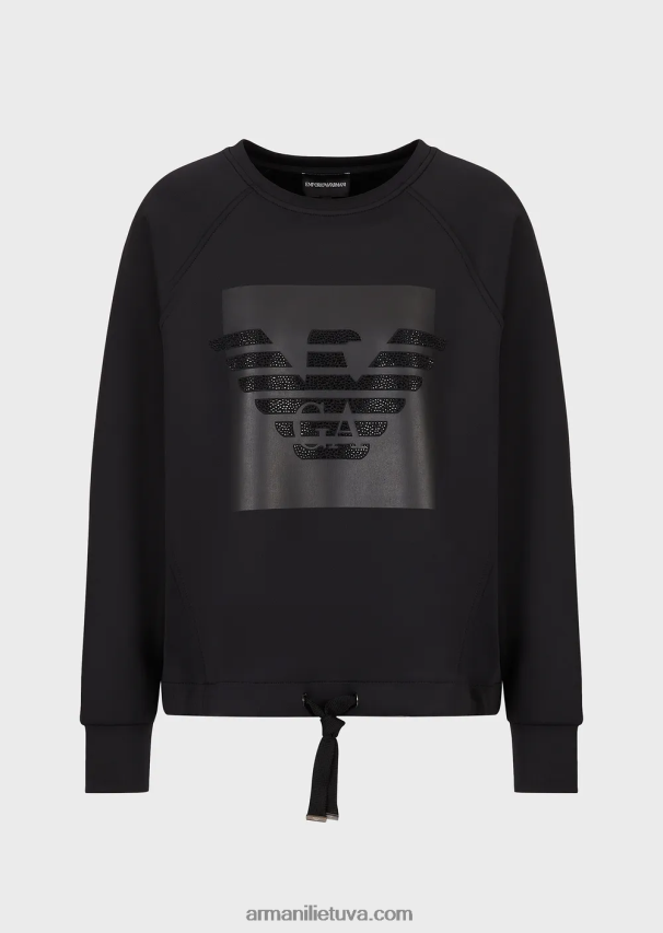 moterys juodas Armani megztinis iš akvalanginio audinio su dideliu kalnų krištolo ereliu 02482X421