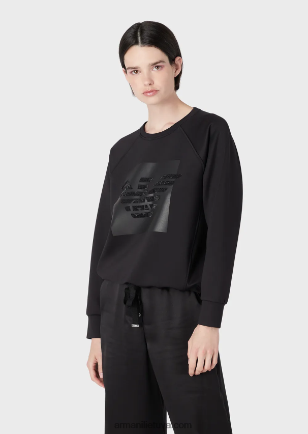 moterys juodas Armani megztinis iš akvalanginio audinio su dideliu kalnų krištolo ereliu 02482X421