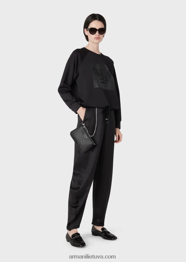 moterys juodas Armani megztinis iš akvalanginio audinio su dideliu kalnų krištolo ereliu 02482X421