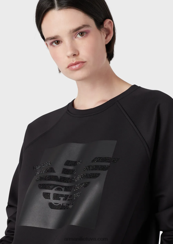 moterys juodas Armani megztinis iš akvalanginio audinio su dideliu kalnų krištolo ereliu 02482X421