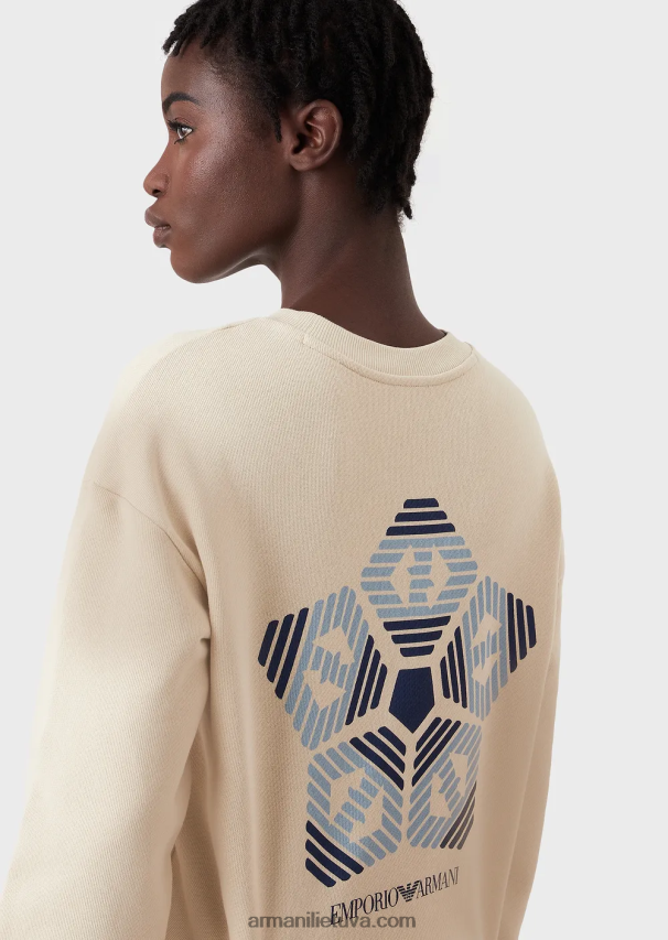 moterys smėlio spalvos Armani tvarios kolekcijos minkštas ekologiškos medvilnės megztinis su negabaritiniu raštu 02482X424