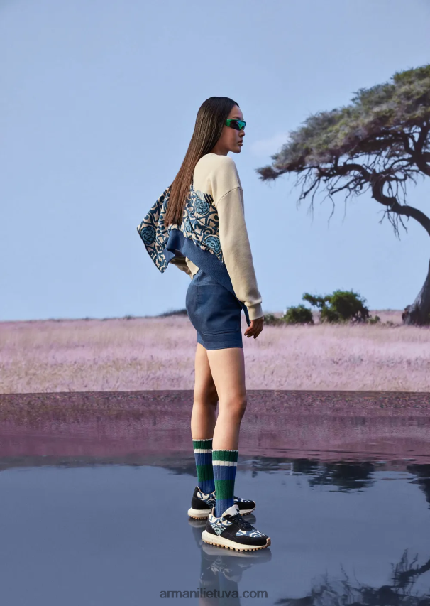 moterys smėlio spalvos Armani tvarios kolekcijos minkštas ekologiškos medvilnės megztinis su negabaritiniu raštu 02482X424