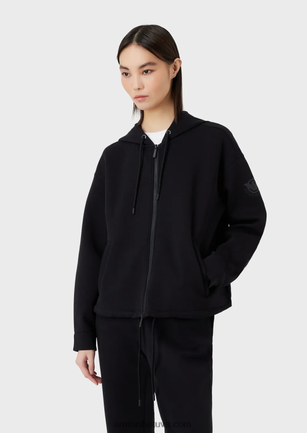 moterys tamsiai mėlyna Armani dvigubo trikotažo džemperis su gobtuvu su užtrauktuku su atitinkamu guminiu logotipu 02482X410