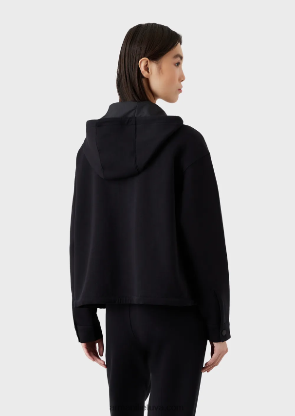 moterys tamsiai mėlyna Armani dvigubo trikotažo džemperis su gobtuvu su užtrauktuku su atitinkamu guminiu logotipu 02482X410