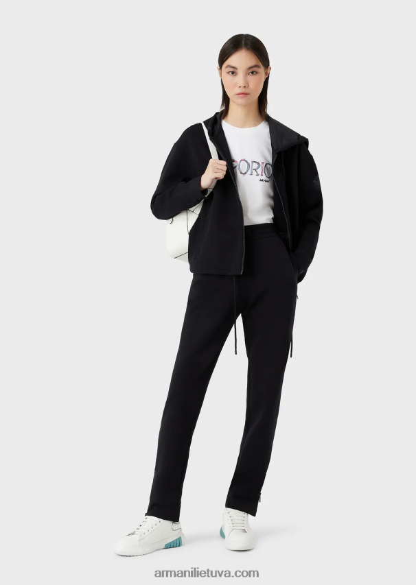 moterys tamsiai mėlyna Armani dvigubo trikotažo džemperis su gobtuvu su užtrauktuku su atitinkamu guminiu logotipu 02482X410