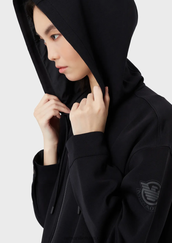 moterys tamsiai mėlyna Armani dvigubo trikotažo džemperis su gobtuvu su užtrauktuku su atitinkamu guminiu logotipu 02482X410