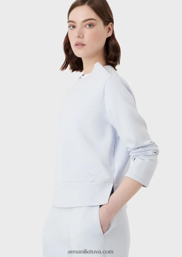 moterys žydros spalvos Armani dvigubas megztinis su atitinkamu guminiu logotipu 02482X408