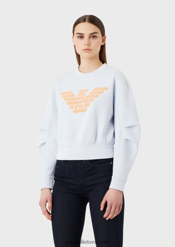 moterys žydros spalvos Armani dvigubo trikotažo džemperis su siuvinėjimo dygsniu per dideliu ereliu 02482X409