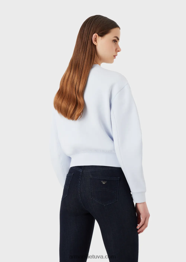 moterys žydros spalvos Armani dvigubo trikotažo džemperis su siuvinėjimo dygsniu per dideliu ereliu 02482X409