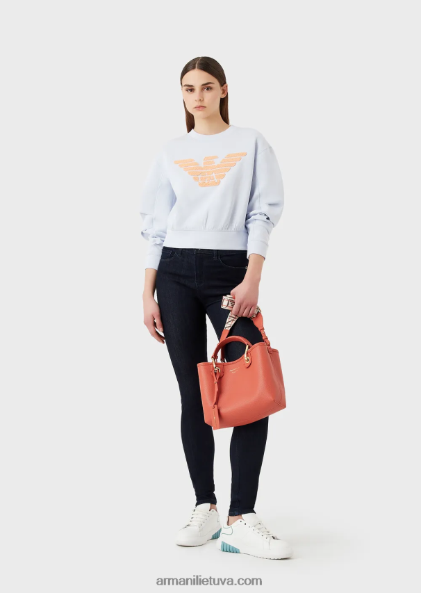 moterys žydros spalvos Armani dvigubo trikotažo džemperis su siuvinėjimo dygsniu per dideliu ereliu 02482X409