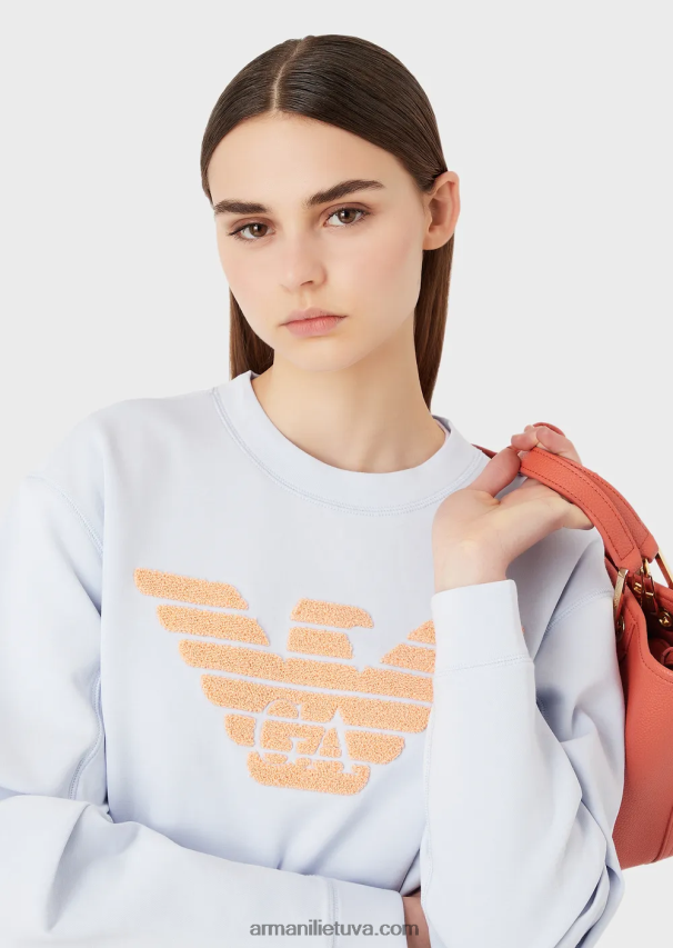 moterys žydros spalvos Armani dvigubo trikotažo džemperis su siuvinėjimo dygsniu per dideliu ereliu 02482X409