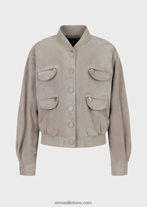 moterys balandis pilkas Armani ožkos zomšos daugiakišenė striukė 02482X234