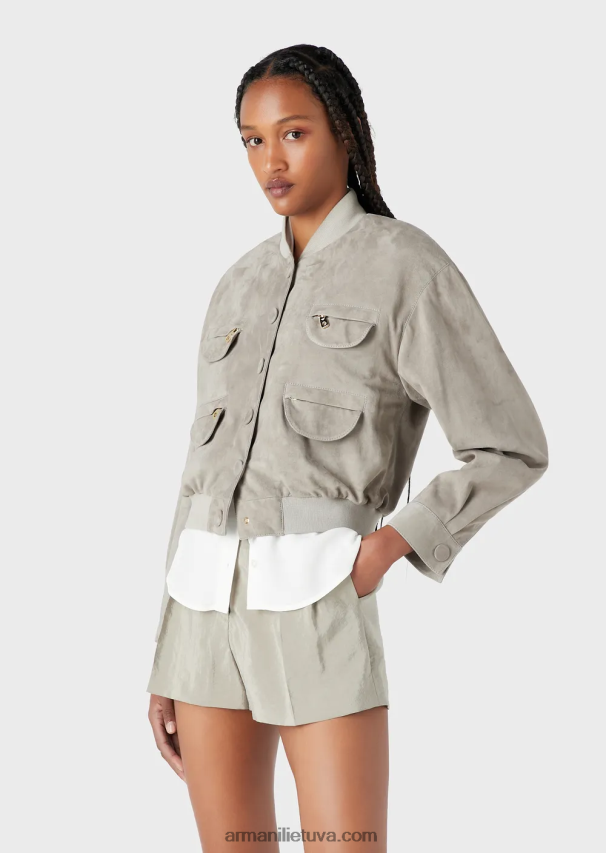 moterys balandis pilkas Armani ožkos zomšos daugiakišenė striukė 02482X234