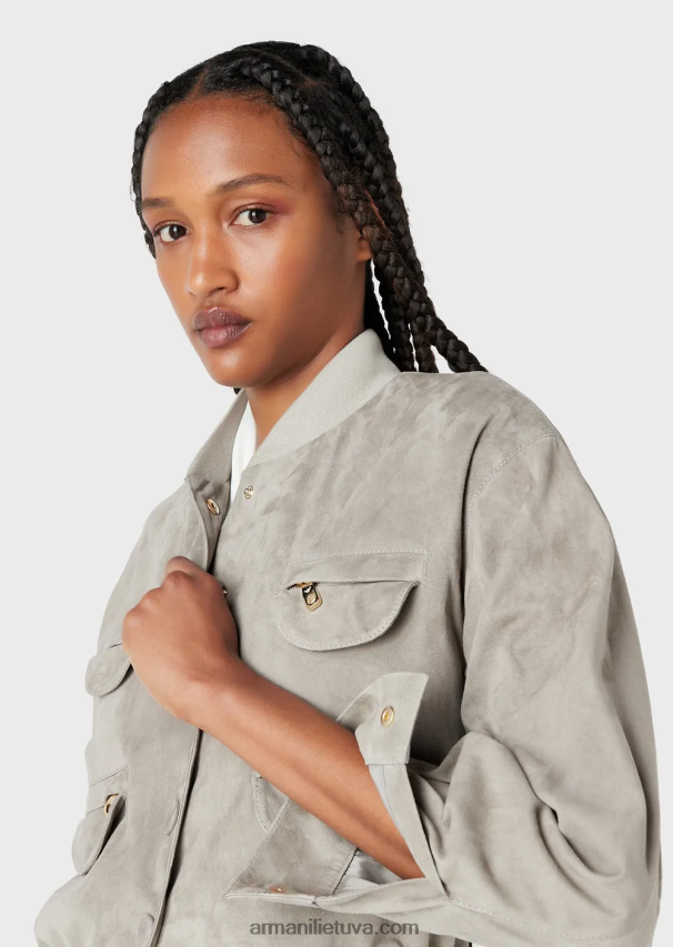 moterys balandis pilkas Armani ožkos zomšos daugiakišenė striukė 02482X234