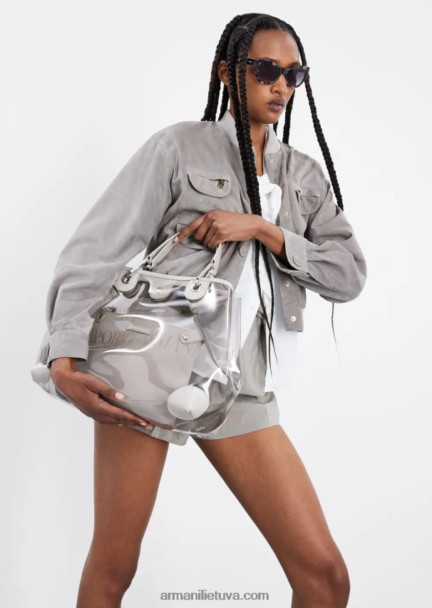 moterys balandis pilkas Armani ožkos zomšos daugiakišenė striukė 02482X234