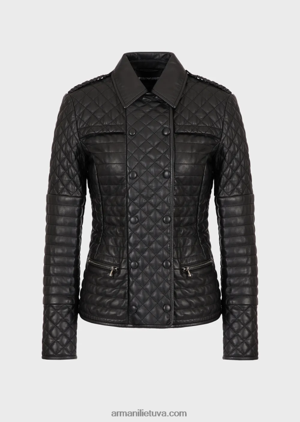 moterys juodas Armani dygsniuotas nappa ėriuko odos dvieilis švarkas 02482X230