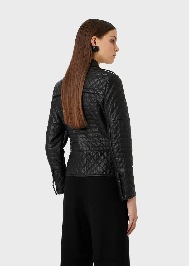 moterys juodas Armani dygsniuotas nappa ėriuko odos dvieilis švarkas 02482X230