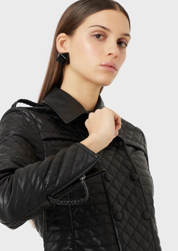 moterys juodas Armani dygsniuotas nappa ėriuko odos dvieilis švarkas 02482X230