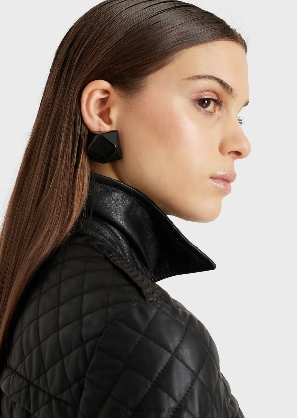 moterys juodas Armani dygsniuotas nappa ėriuko odos dvieilis švarkas 02482X230