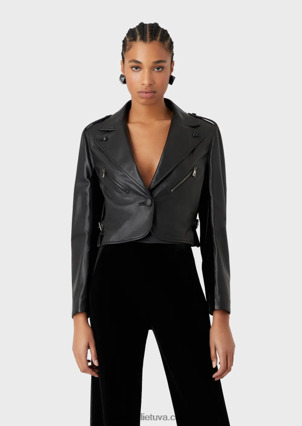 moterys juodas Armani nappa-ėriuko odos striukė su aksominiais įdėklais 02482X229