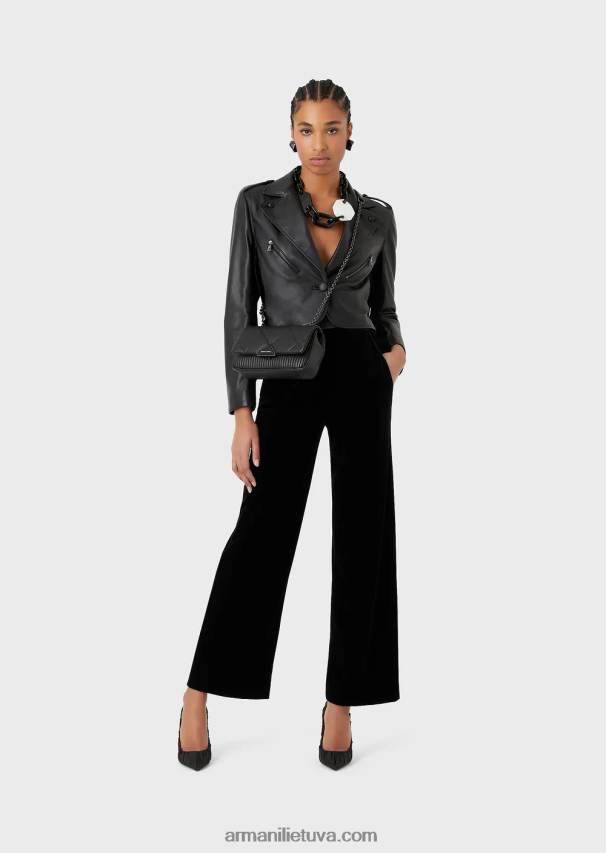 moterys juodas Armani nappa-ėriuko odos striukė su aksominiais įdėklais 02482X229