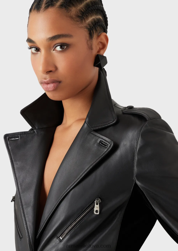 moterys juodas Armani nappa-ėriuko odos striukė su aksominiais įdėklais 02482X229