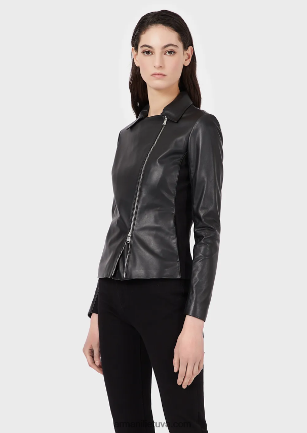 moterys juodas Armani nappa-ėriuko odos striukė su džersio įdėklais 02482X232