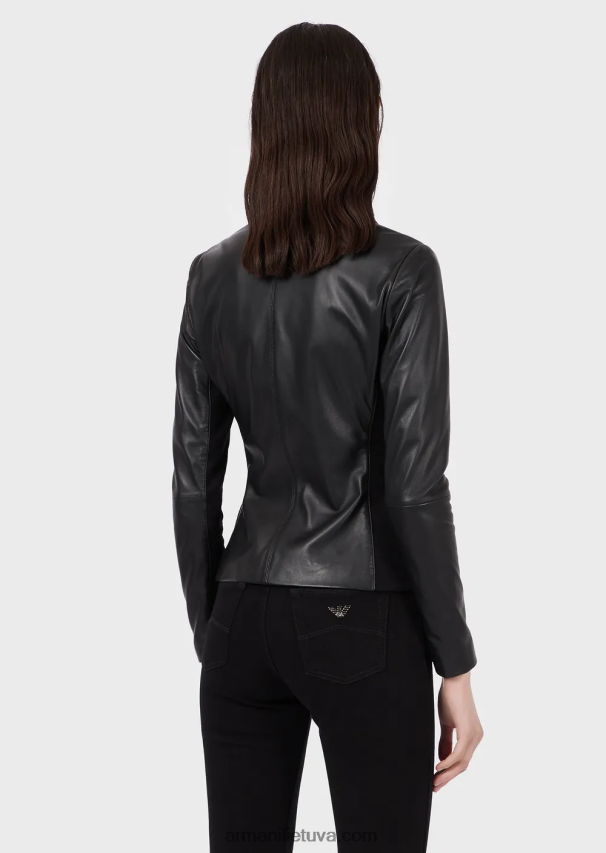 moterys juodas Armani nappa-ėriuko odos striukė su džersio įdėklais 02482X232