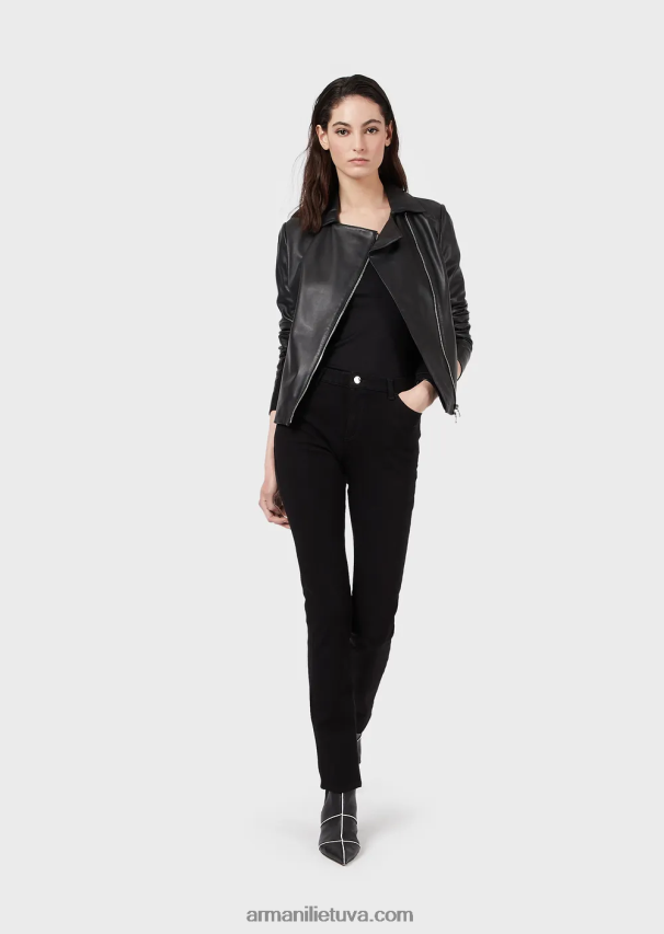 moterys juodas Armani nappa-ėriuko odos striukė su džersio įdėklais 02482X232