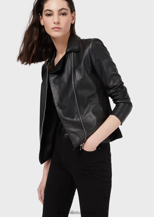 moterys juodas Armani nappa-ėriuko odos striukė su džersio įdėklais 02482X232