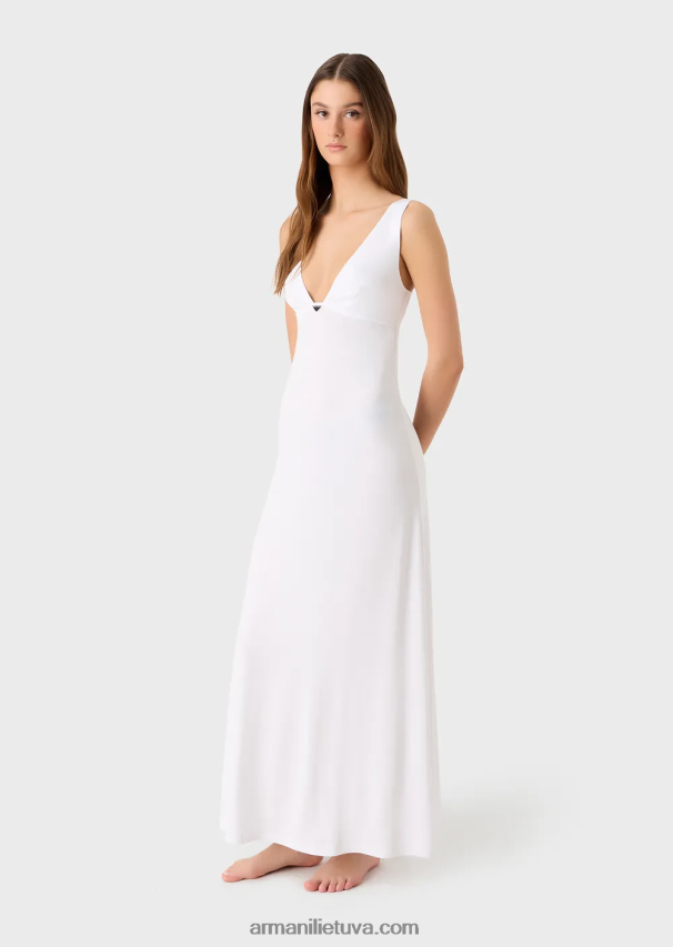 moterys baltas Armani Ilga paplūdimio suknelė iš elastingos viskozės V formos iškirpte 02482X21