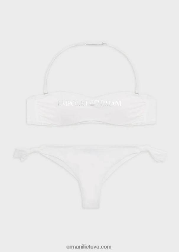 moterys baltas Armani perdirbtas nailoninis bandeau bikinis su logotipu 02482X2