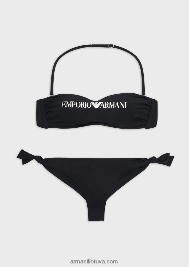 moterys juodas Armani perdirbtas nailoninis bandeau bikinis su logotipu 02482X1