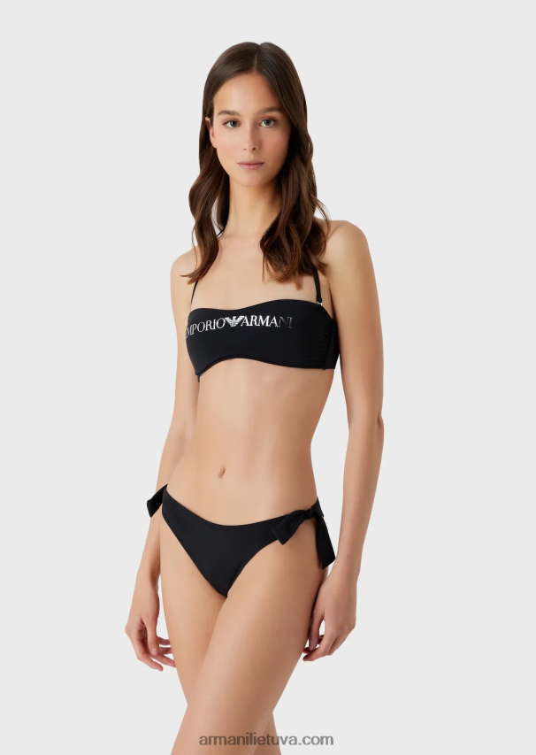 moterys juodas Armani perdirbtas nailoninis bandeau bikinis su logotipu 02482X1