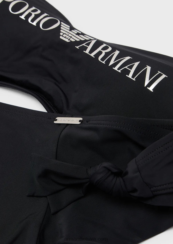 moterys juodas Armani perdirbtas nailoninis bandeau bikinis su logotipu 02482X1