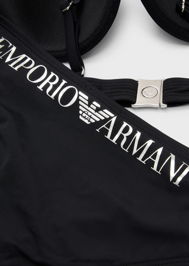 moterys juodas Armani perdirbto nailono bikinis su raižytu logotipu 02482X3