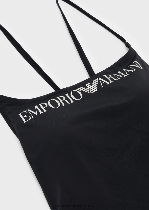 moterys juodas Armani perdirbto nailono maudymosi kostiumėlis su logotipu 02482X9