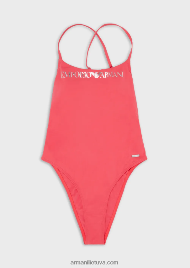 moterys rožinis Armani perdirbto nailono maudymosi kostiumėlis su logotipu 02482X8