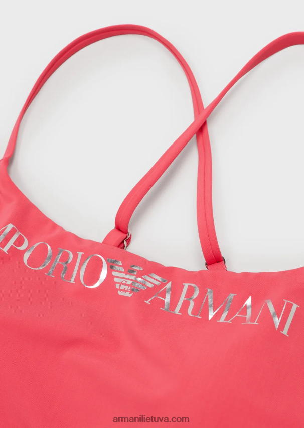 moterys rožinis Armani perdirbto nailono maudymosi kostiumėlis su logotipu 02482X8