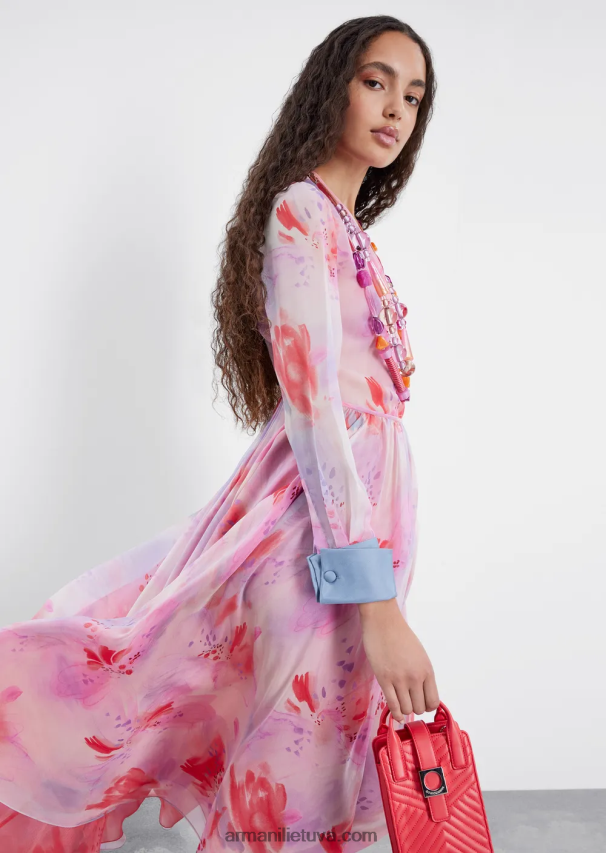 moterysArmani gėlių rašto šilko-šifono ilga suknelė su rankogaliais 02482X115