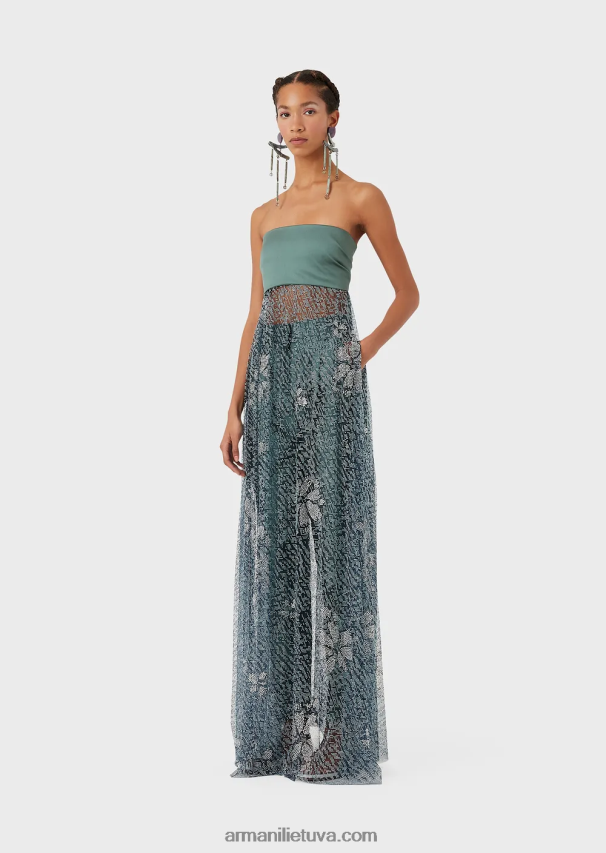 moterysArmani ilga suknelė su liemeniu ir sijonu iš krištoliniu akmeniu dengto tiulio 02482X129